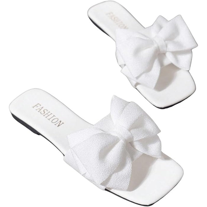 Verdusa Womens Size 9.5 White Fabric Bow Slide On Flat Open Toe Sandal Shoes