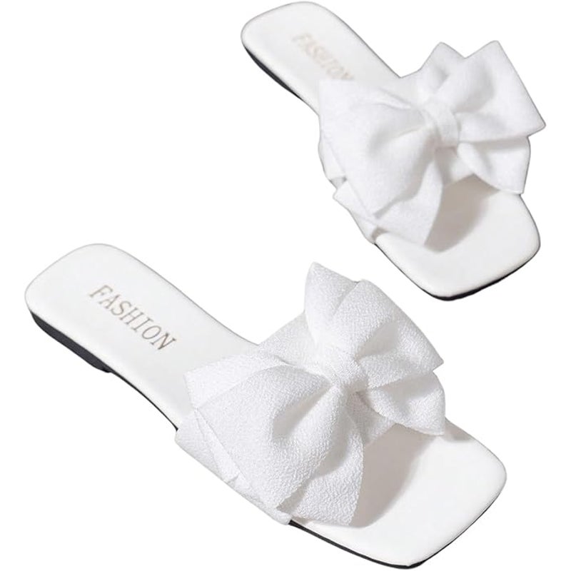 Verdusa Womens Size 9.5 White Fabric Bow Slide On Flat Open Toe Sandal Shoes
