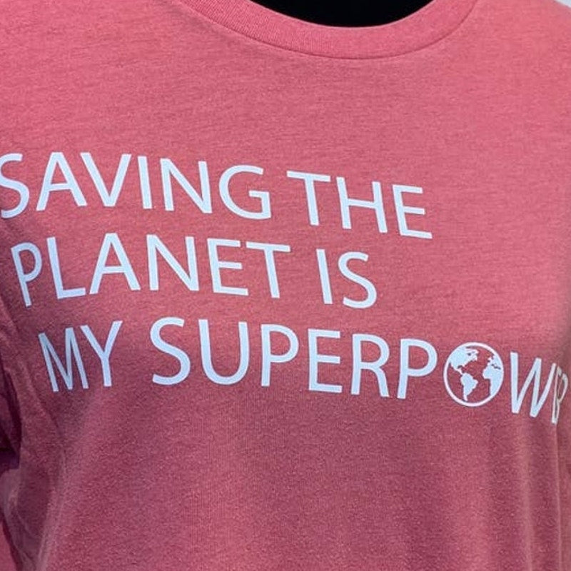Hand Printed Upcycled Medium Saving the Planet is My Superpower Short Sleeve Tee