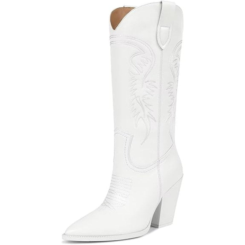 New Isnom Womens Size 10 White Faux Leather 4" Heel Knee High Western Boots