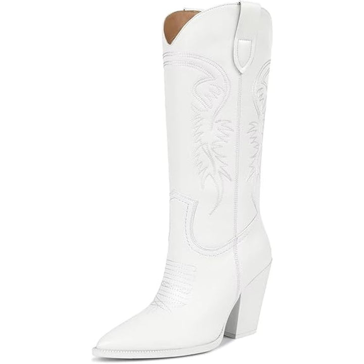 New Isnom Womens Size 10 White Faux Leather 4" Heel Knee High Western Boots