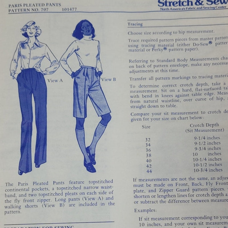 1977 Stretch &amp; Sew 707 Paris Pleated Pants Sewing Pattern, Complete &amp; Uncut