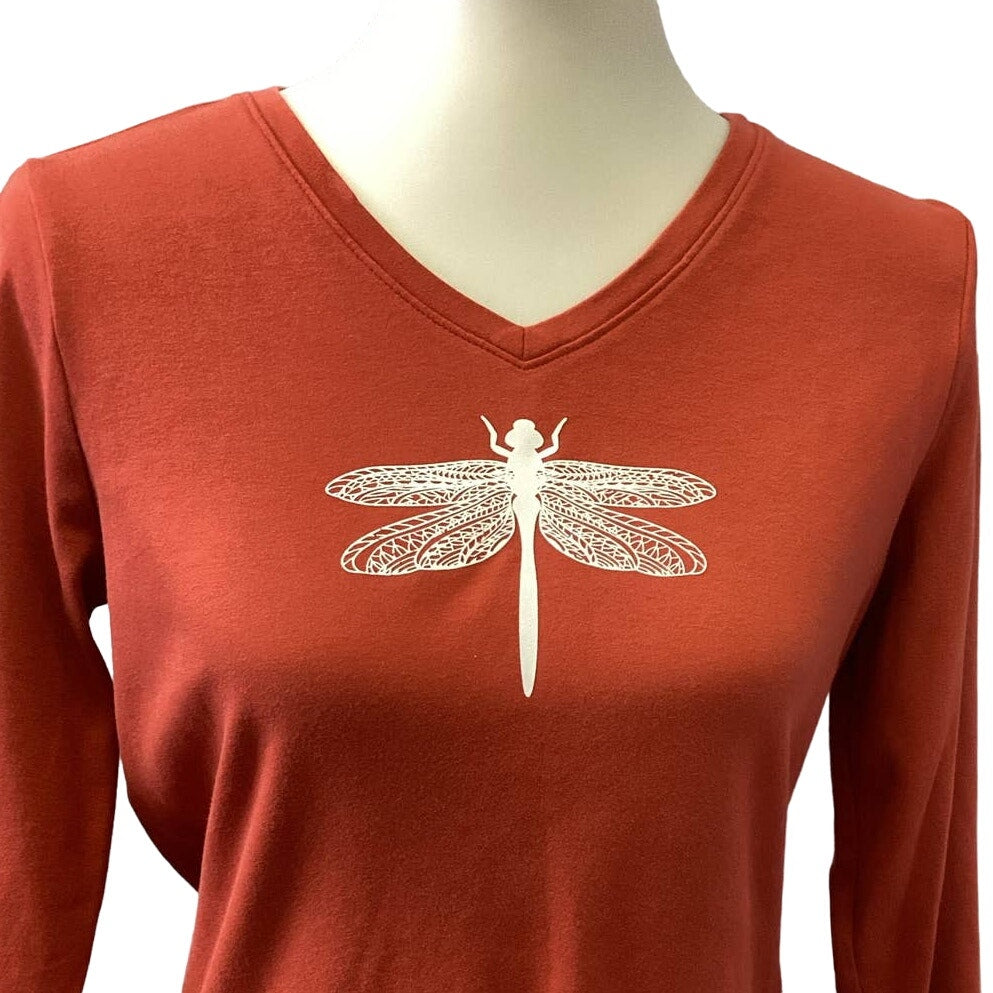 Hand Printed Upcycled Small Dragonfly Cotton Long Sleeve V-Neck Tee Shirt