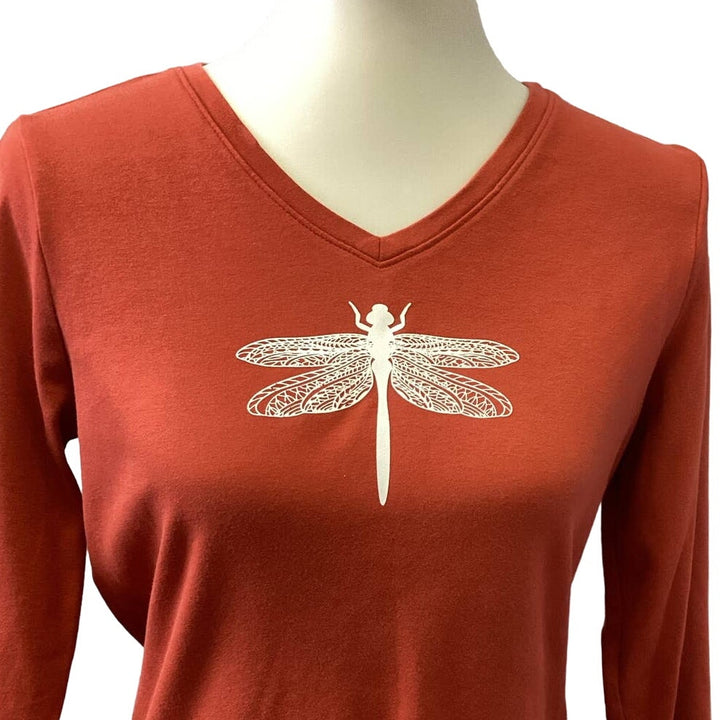 Hand Printed Upcycled Small Dragonfly Cotton Long Sleeve V-Neck Tee Shirt