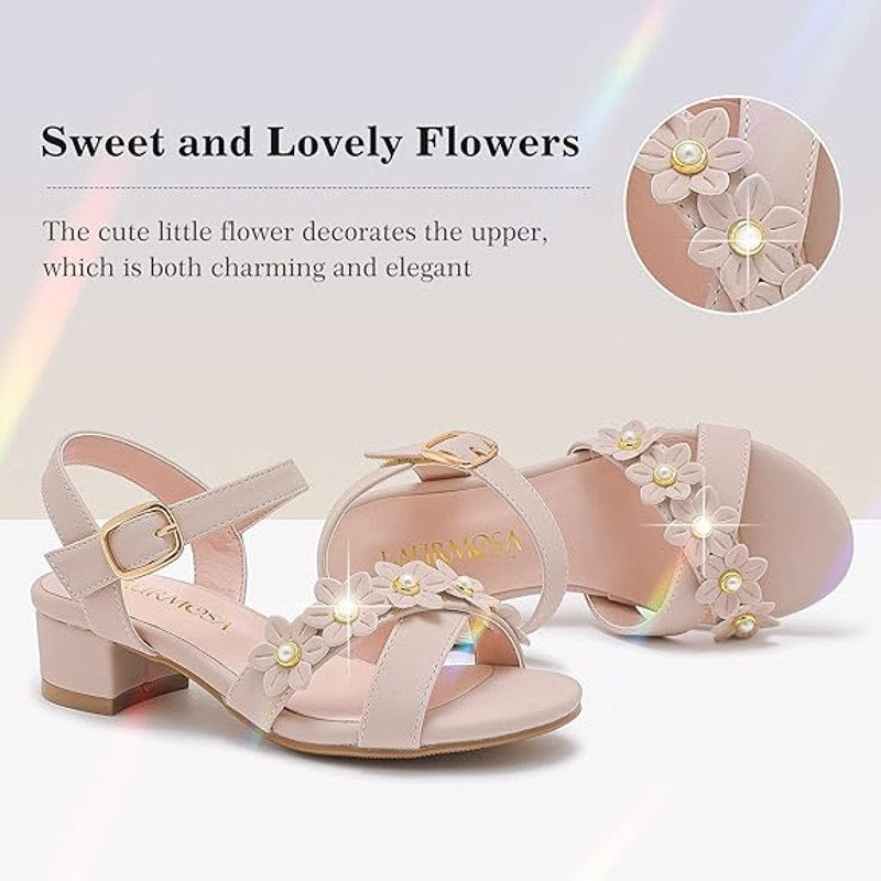 Laurmosa Girls Size 4 Pinky Tan Open Toe 1" Heel Wedding Fancy Sandal Shoes