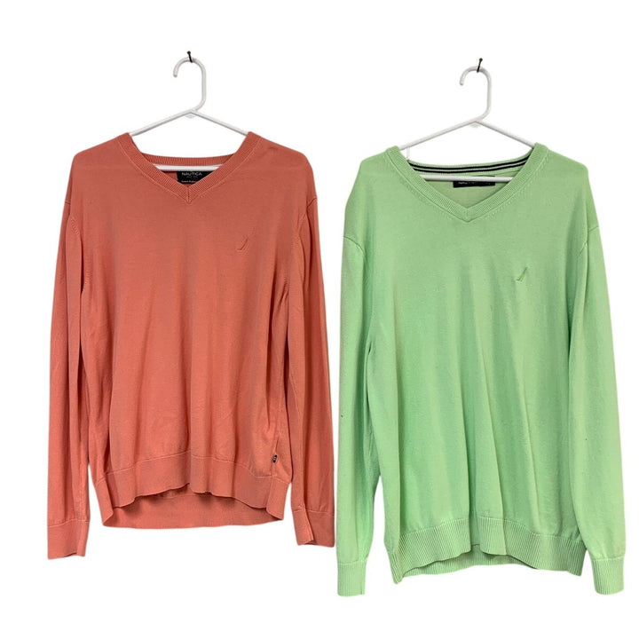 Lot of 2 Nautica Mens XL Green Pink PolyCotton Long Sleeve V Neck Knit Sweaters
