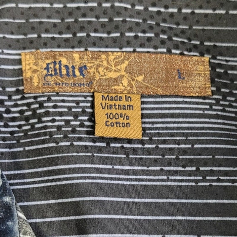 Blue Mens Large 100% Cotton Dots And Stripes Long Sleeve Button Up Shirt
