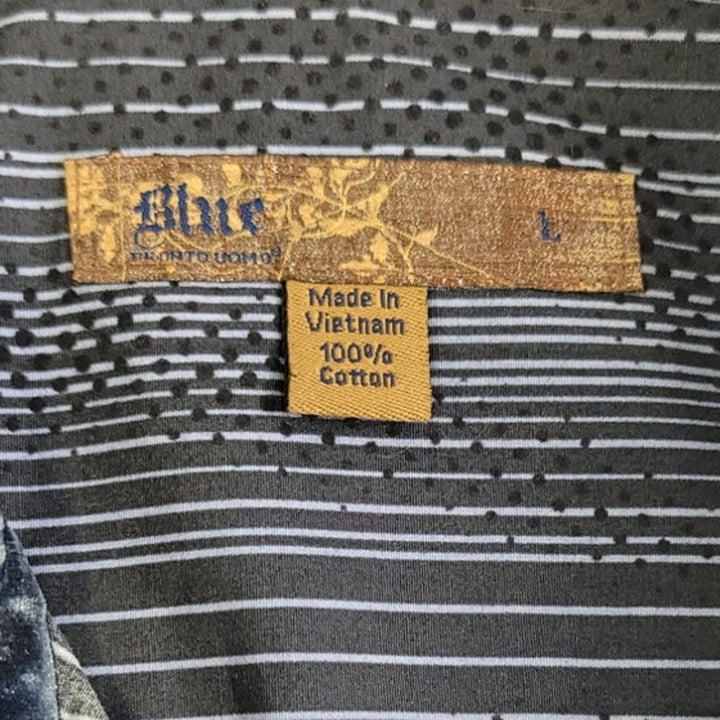 Blue Mens Large 100% Cotton Dots And Stripes Long Sleeve Button Up Shirt