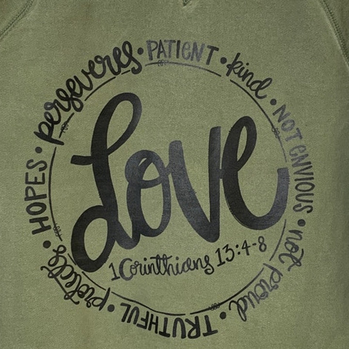 Upcycled Hand Printed Womens Medium Green Love 1 Corinthains 13:4-8 Sweatshirt
