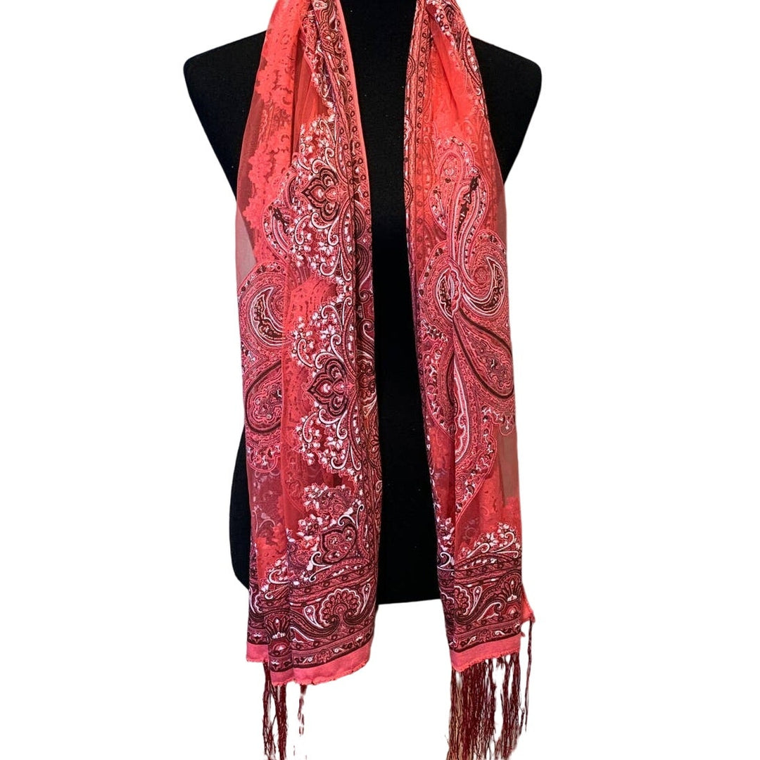 New Pink Floral Paisley Silver Glitter Fringed Sheer Lightweight Fashion Scarf
