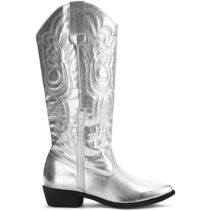 Mysoft Womens Size 10 Shiny Silver Faux Leather 1.5" Heel Western Cowboy Boots