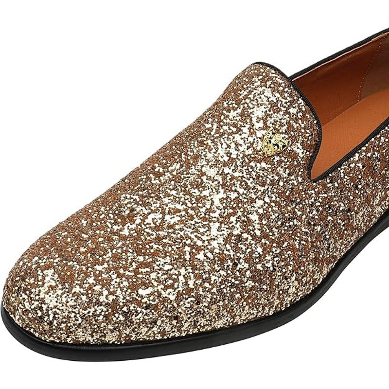 Elanroman Mens Size 12 Shiny Gold Glitter Slip On Loafer Prom Wedding Shoes