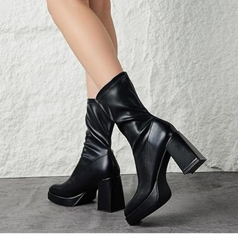 Putu Womens Size 7.5 Black Faux Leather 3.75" Platform Block Heel Pull On Boots