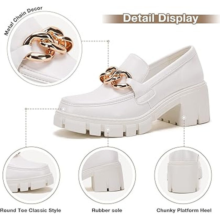 New Tinstree Womens 8 White Faux Leather Gold Chain 2.5" Platform Loafer Shoes