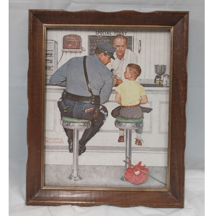 Vintage Norman Rockwell Policeman w Boy at Lunch Counter Wood Frame Glass Print