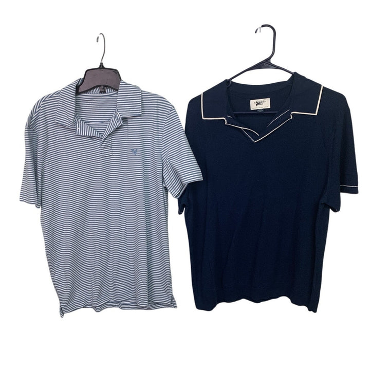 2 New American Eagle Mens Medium Short Sleeve Striped Textured Collared Polos
