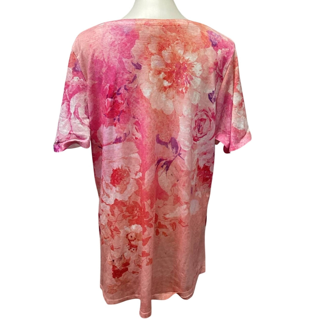Concepts Womens XXL Short Sleeve Sequined Rose Flower Crew Neck Tee Shirt Blouse