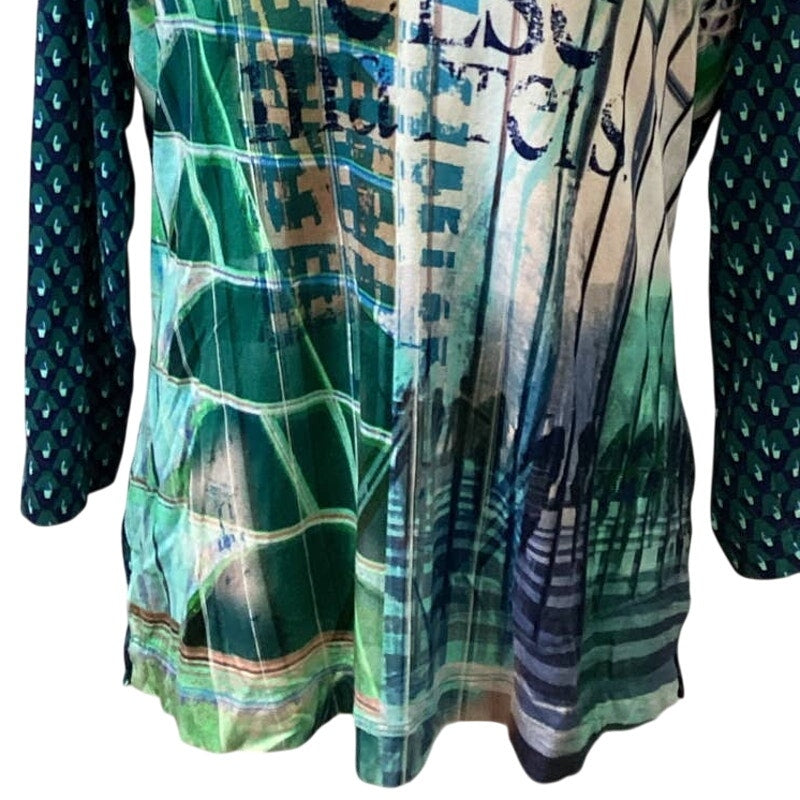Rabe Size 14 Long Sleeve Flowy Beaded Stretchy Polyester Blend Crew Neck Blouse