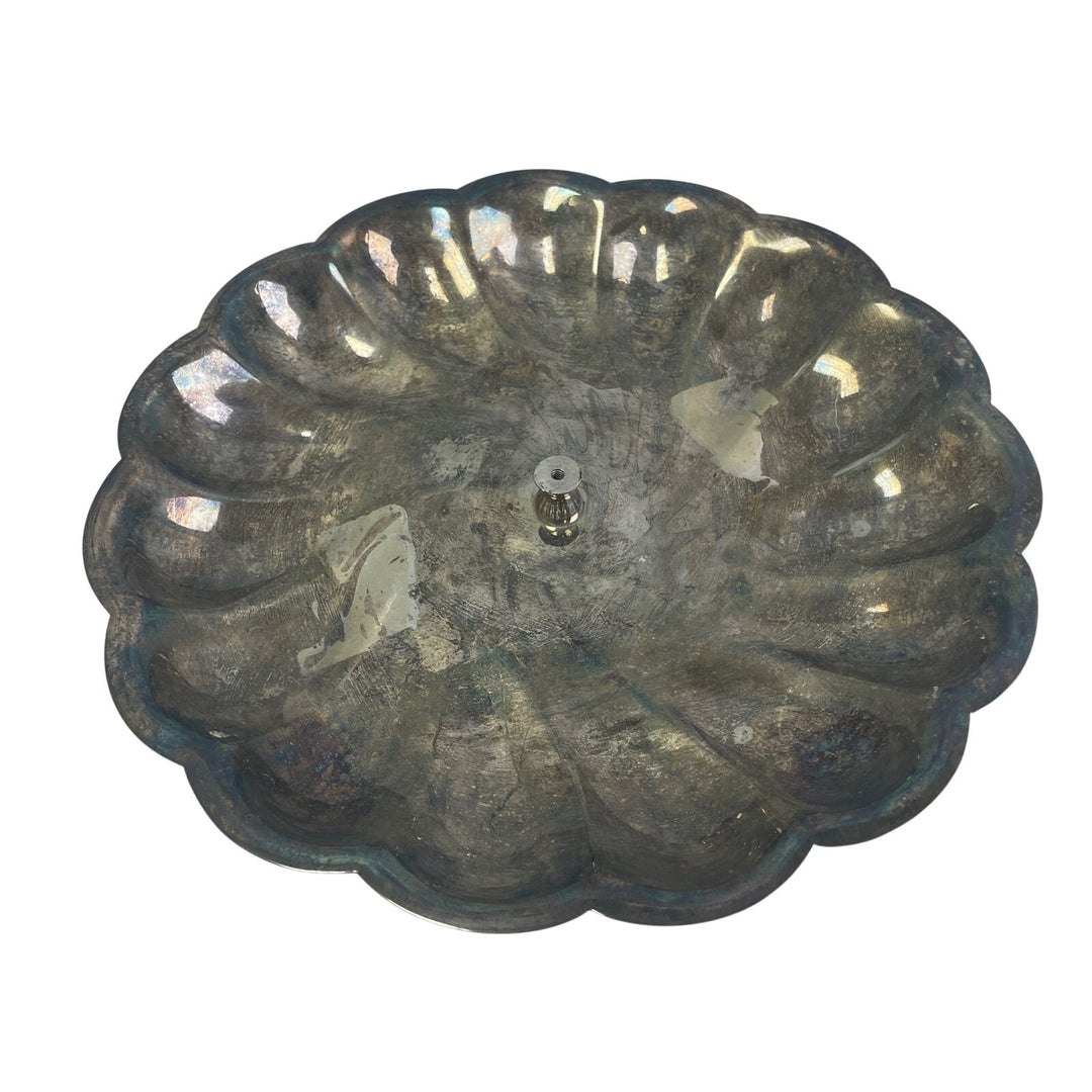 Vintage Tarnished Patina Silver Plated Footed Scalloped Platter Serving Plate