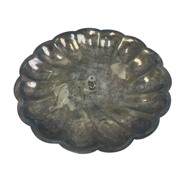 Vintage Tarnished Patina Silver Plated Footed Scalloped Platter Serving Plate