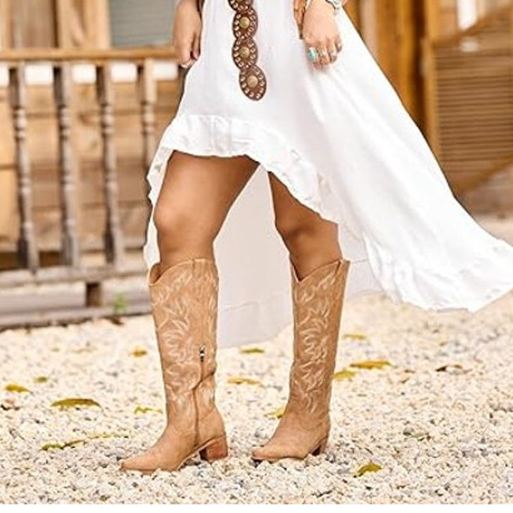 IUV Womens Size 9.5 Brown Faux Leather Knee Length 2" Heel Western Cowboy Boots