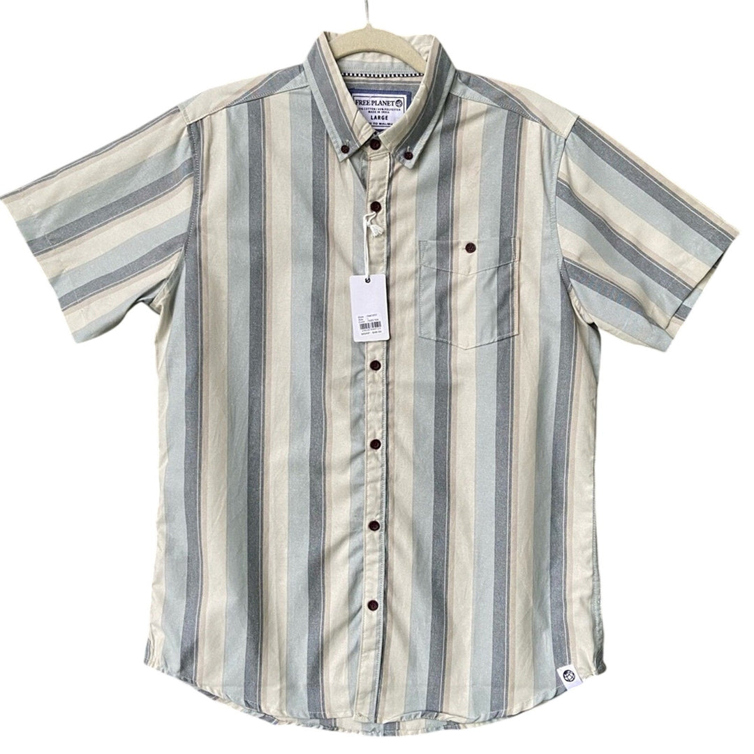 NWT New Free Planet Mens Large PolyCotton Blue Striped Button Up Collared Shirt