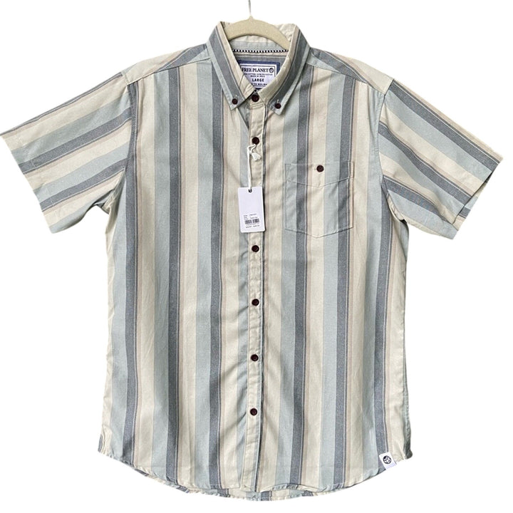 NWT New Free Planet Mens Large PolyCotton Blue Striped Button Up Collared Shirt