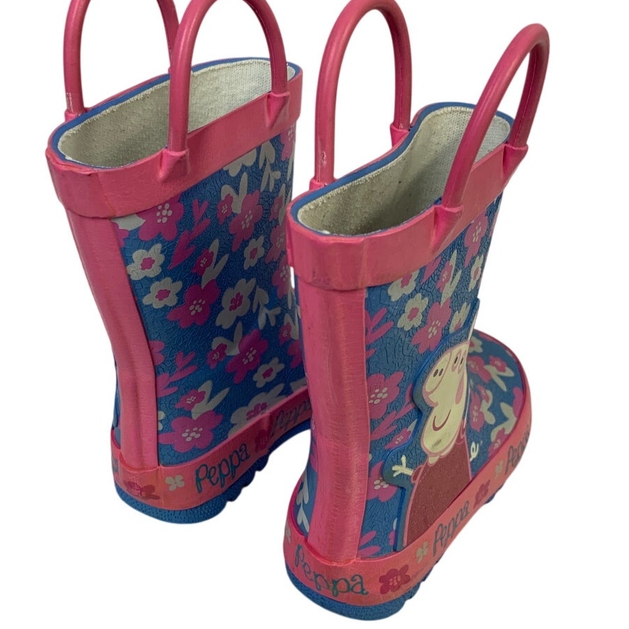 Girls Size 5 Pink Blue Rain Boots Floral Peppa Pig Handled Outdoor Shoes
