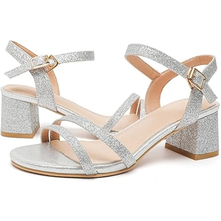 Dadawen Womens Size 9 Silver Glitter Open Toe Ankle Strap 2.5" Block Heel Shoes