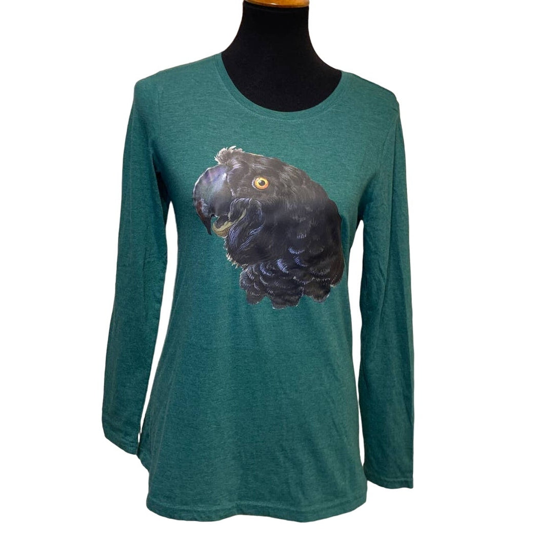 Upcycled Hand Printed Womens Small Black Parrot Bird Ukraine Fundraiser Tee