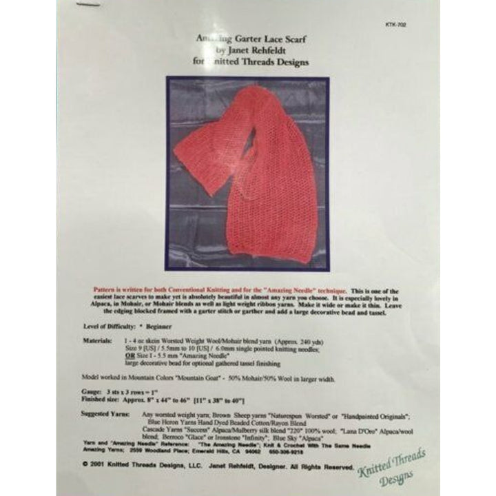 New 2001 Knitted Threads Rehfeldt KTK-702 Amazing Garter Scarf Knitting Pattern