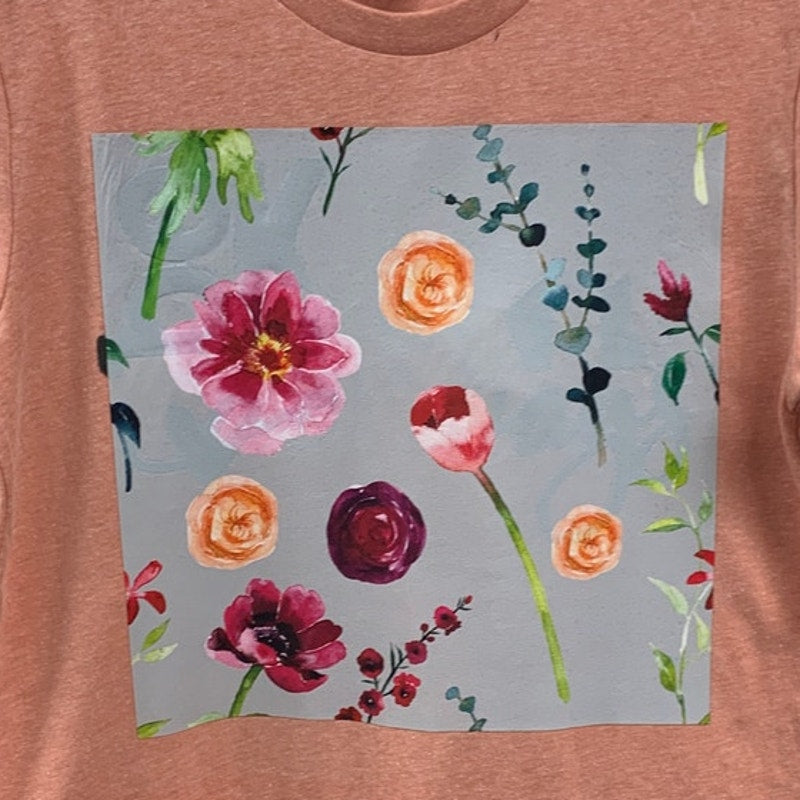 New Hand Printed Womens Small Heathered Floral Flowers Short Sleeve Tee Shirt