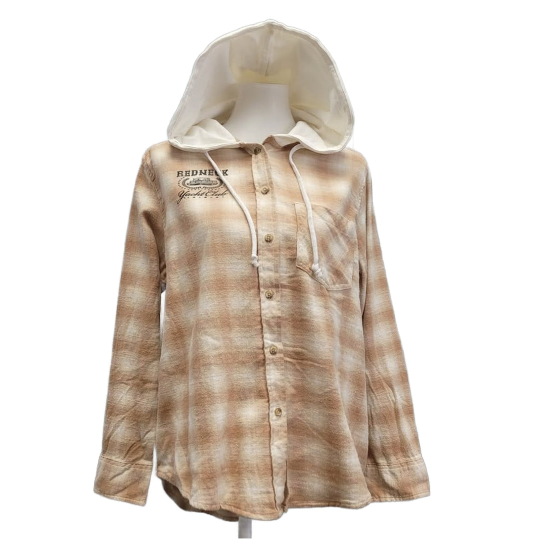 New Hand Printed Womens XL Redneck Yacht Club Long Sleeve Flannel Hoodie