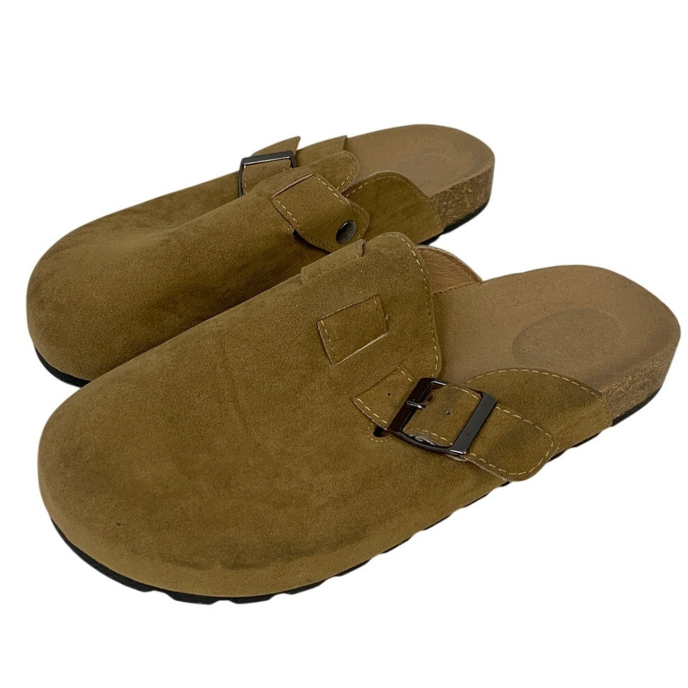 Womens Size 8 Brown Suede Clogs Closed Round Toe Buckle Strap Slip On Shoes