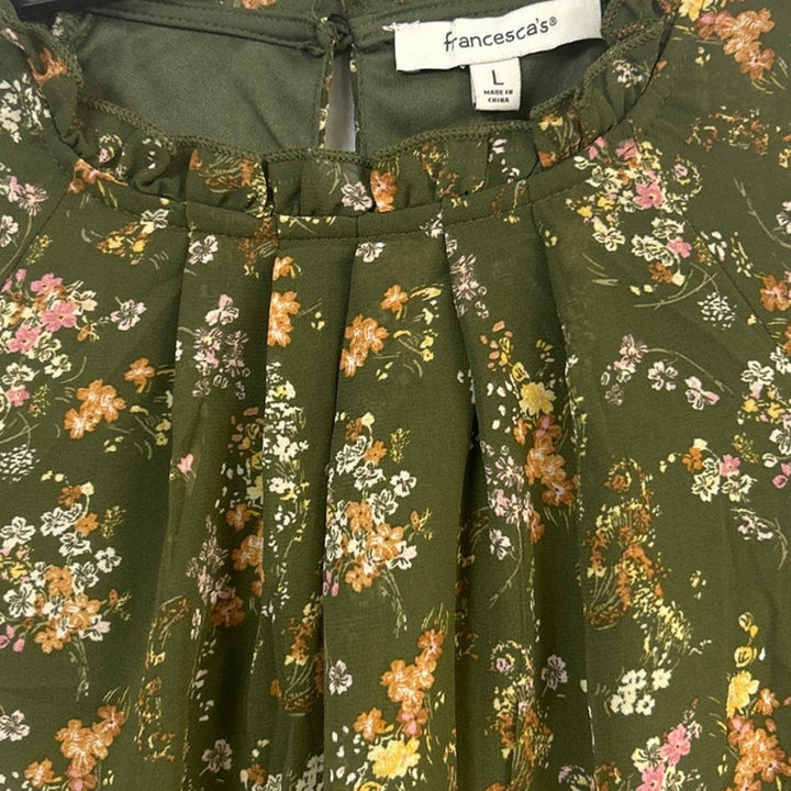 New Francescas Womens Large Green Orange Floral Gathered Waist Boho Flowy Dress