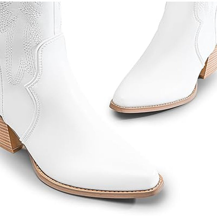 Dream Pairs Womens Size 8 White Faux Leather 3" Block Heel Western Cowboy Boots