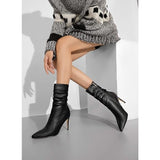 Vivianly Womens 9 Black Faux Leather Pointed Toe 3.5" Heel Slouch Ankle Boots