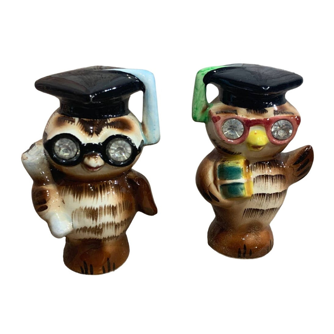 Vintage 1956 Leo Afton Ceramic Graduate Wise Owl Bird Salt Pepper Shaker Set