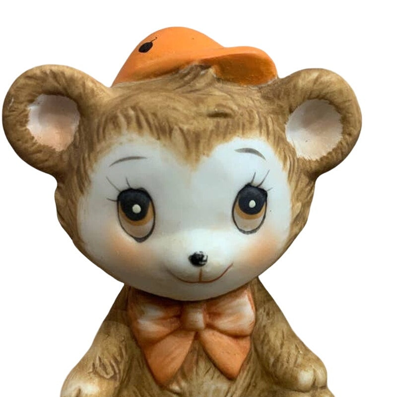 Vintage Tiawan Ceramic Teddy Bear Orange Baseball Cap Salt Pepper Shaker Set