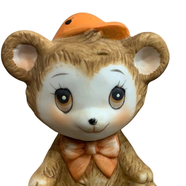 Vintage Tiawan Ceramic Teddy Bear Orange Baseball Cap Salt Pepper Shaker Set