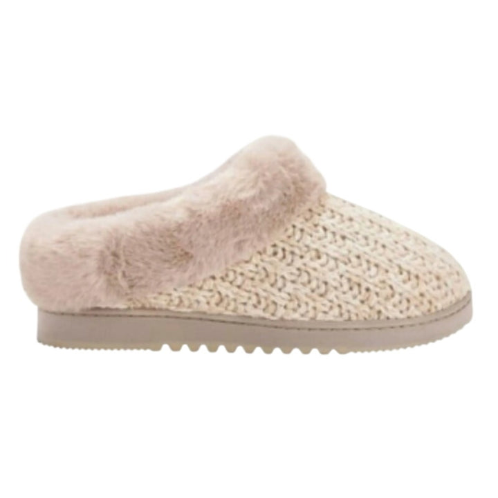 New In Box Dearfoams Women Small 5/6 Tan Faux Fur Lined Knit Slide On Slippers