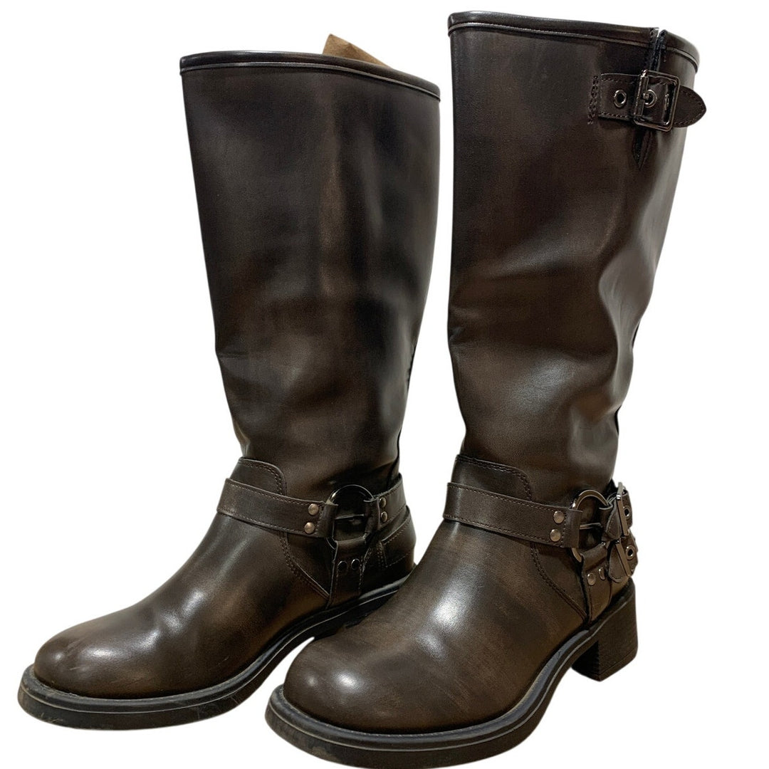 Aminugal Womens Size 7.5 Brown Faux Leather Knee High Square Toe Pull On Boots