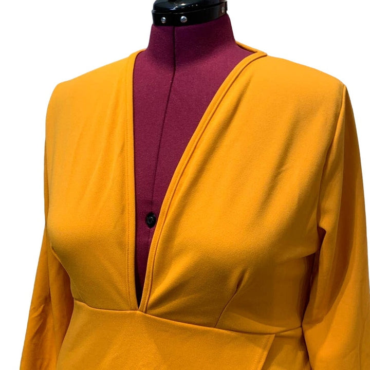 New Plus 16 Boohoo Deep V Plunge Faux Wrap Midi Mustard Yellow Long Sleeve Dress