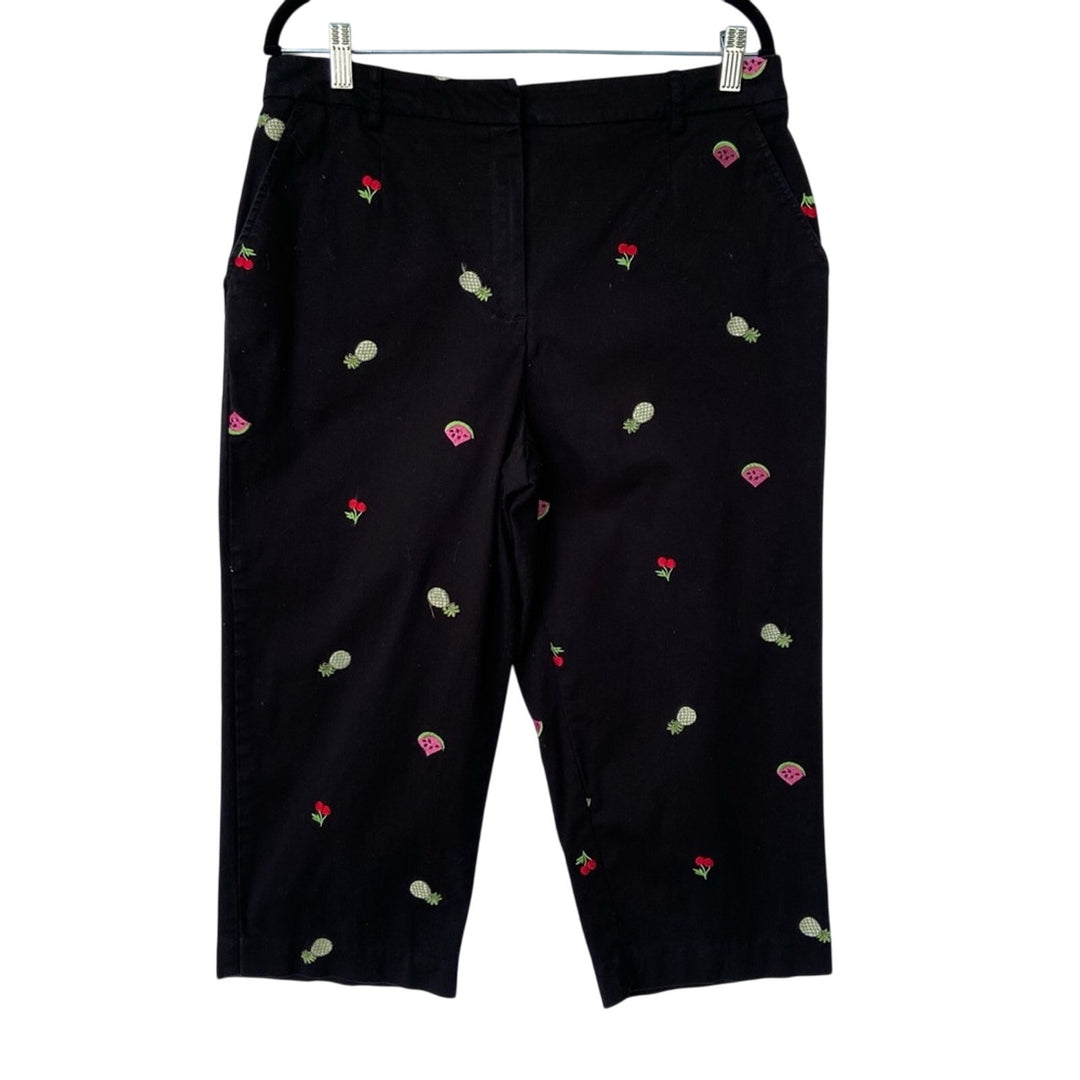 JM Collection Womens Size 16 Black Embroidered Fruit Stretch Cotton Capri Pants