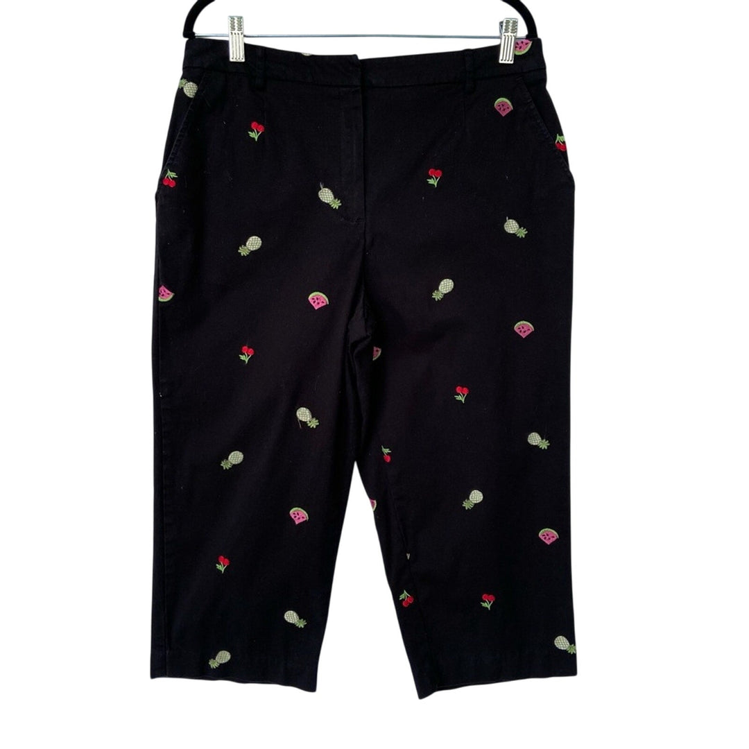 JM Collection Womens Size 16 Black Embroidered Fruit Stretch Cotton Capri Pants