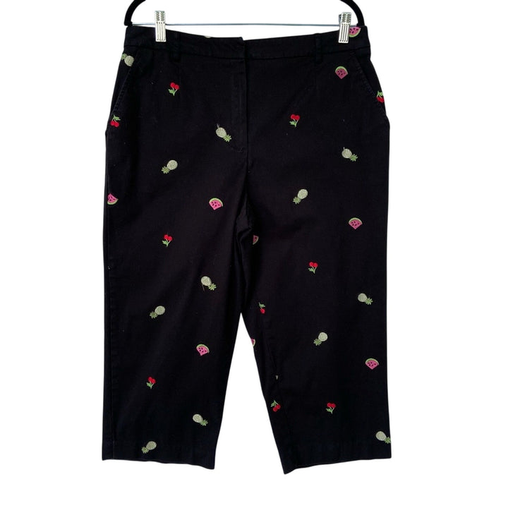 JM Collection Womens Size 16 Black Embroidered Fruit Stretch Cotton Capri Pants