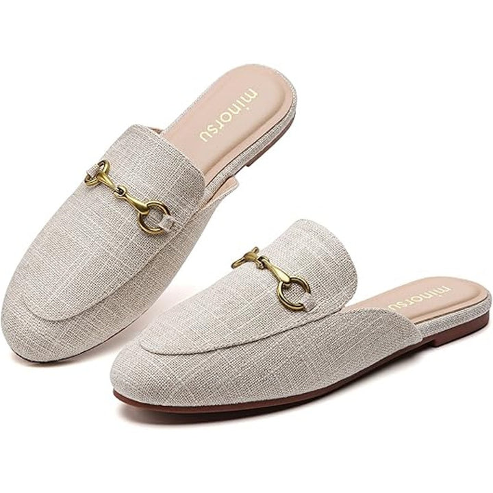Minorsu Womens Size 8.5 Tan Gold Buckle Memory Foam Insole Low Heel Mule Shoes