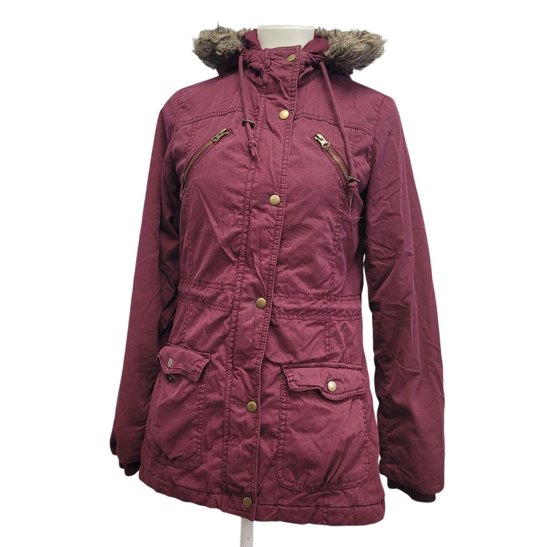 Mossimo Womens Small Full Zip and Snap Faux Fur Hood Hooded Puffer Coat