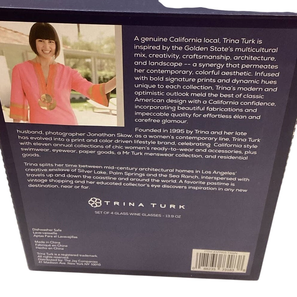 New in Box Trina Turk Clear Lucid 13.9 oz Dishwasher Safe Wine Glasses Set of 4