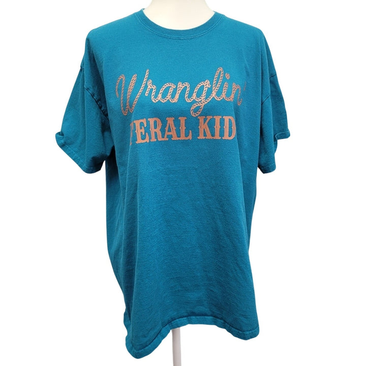 Hand Printed Upcycled Womens XL Wrangling Feral Kids Short Sleeve Tee Shirt